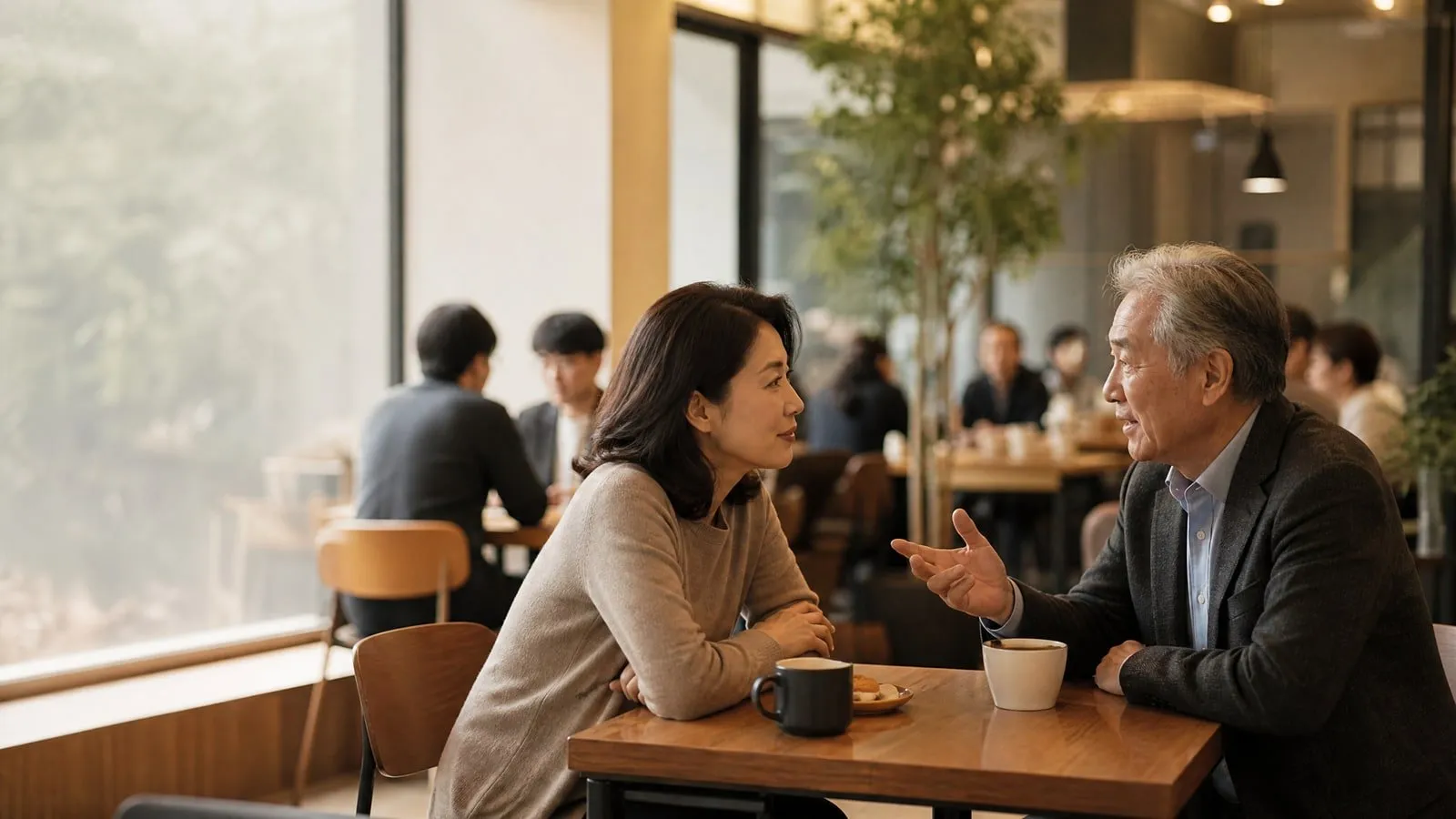 카페에서 마주 앉아 대화하는 두 사람과 주변 테이블의 다른 손님들