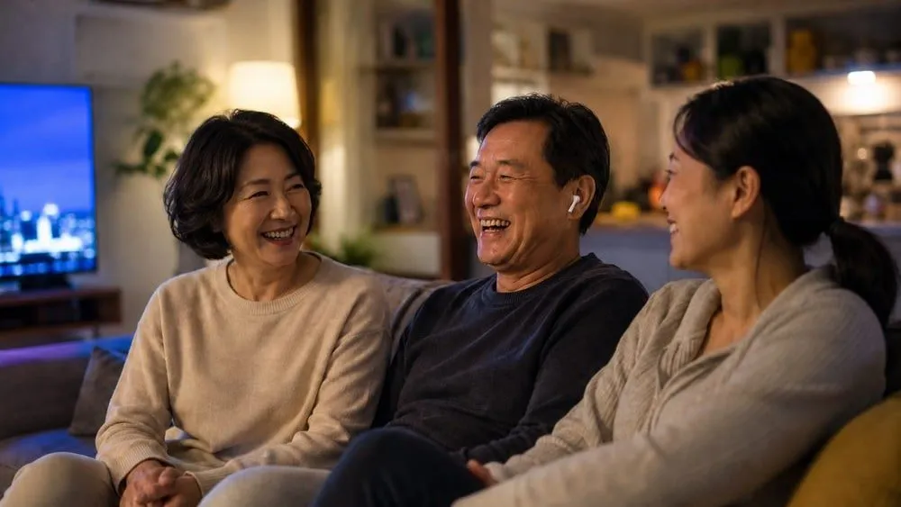 TV가 켜진 거실에서 가족과 편안하게 대화하는 모습