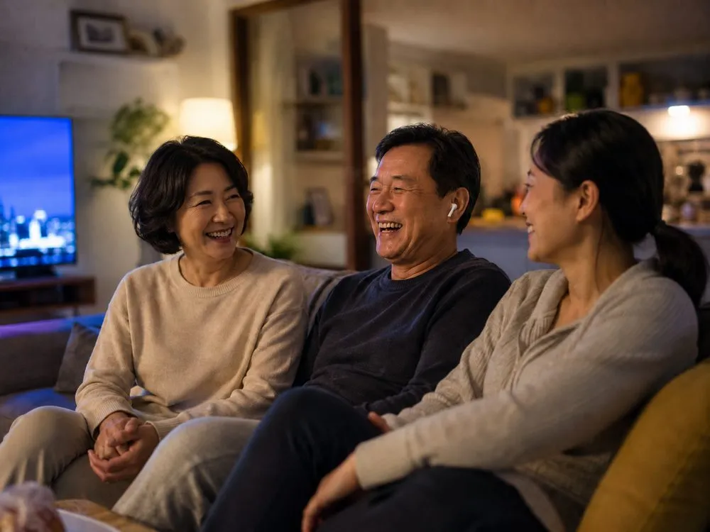 テレビのついたリビングで家族と会話する様子