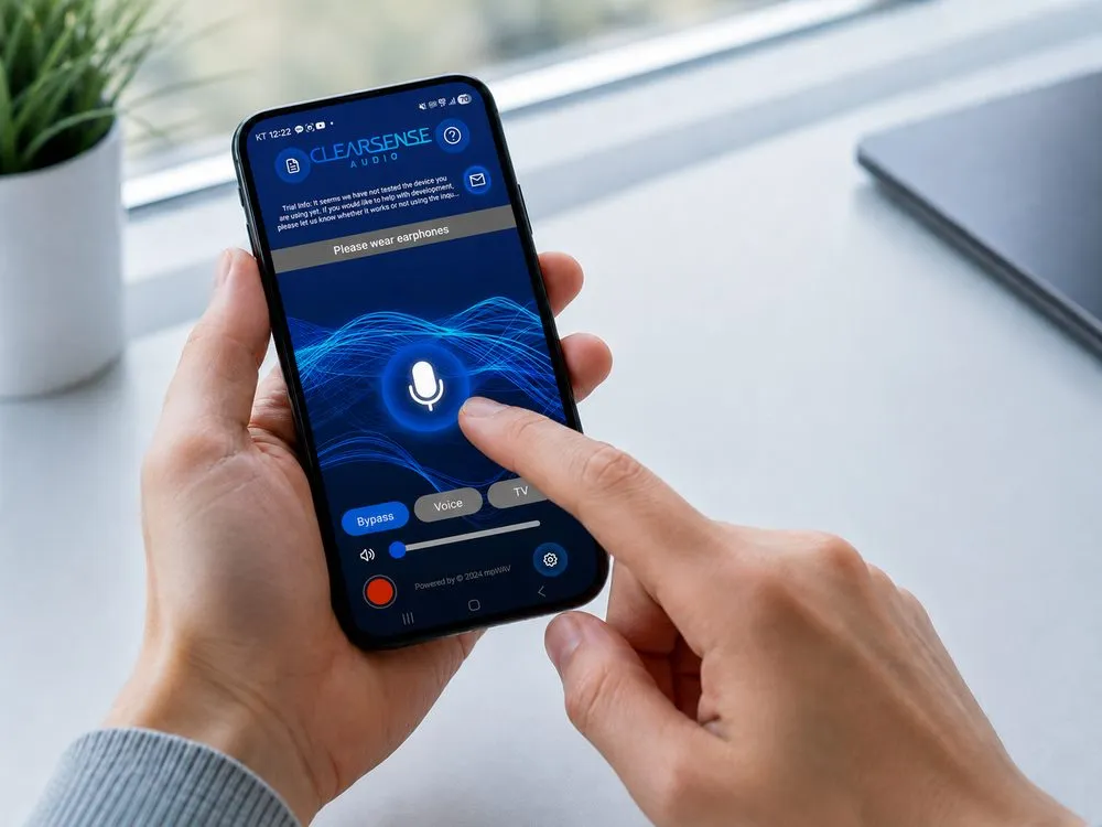 スマートフォンでClearSense Audioアプリを起動する様子