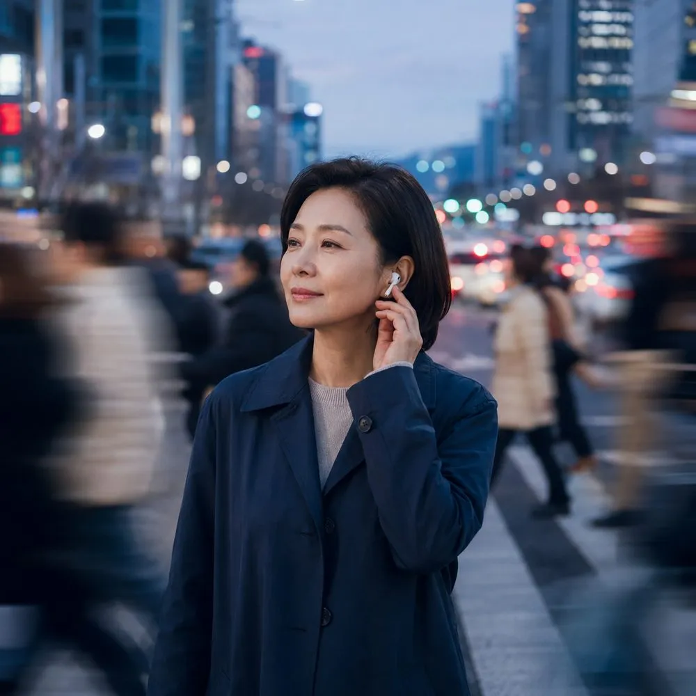 騒がしい通りがぼやけ、イヤホンをつけた人だけがはっきり見える様子